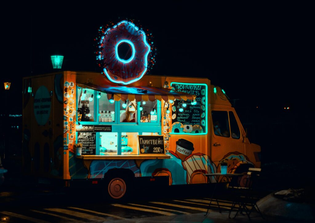 Donut food truck serving late night guests