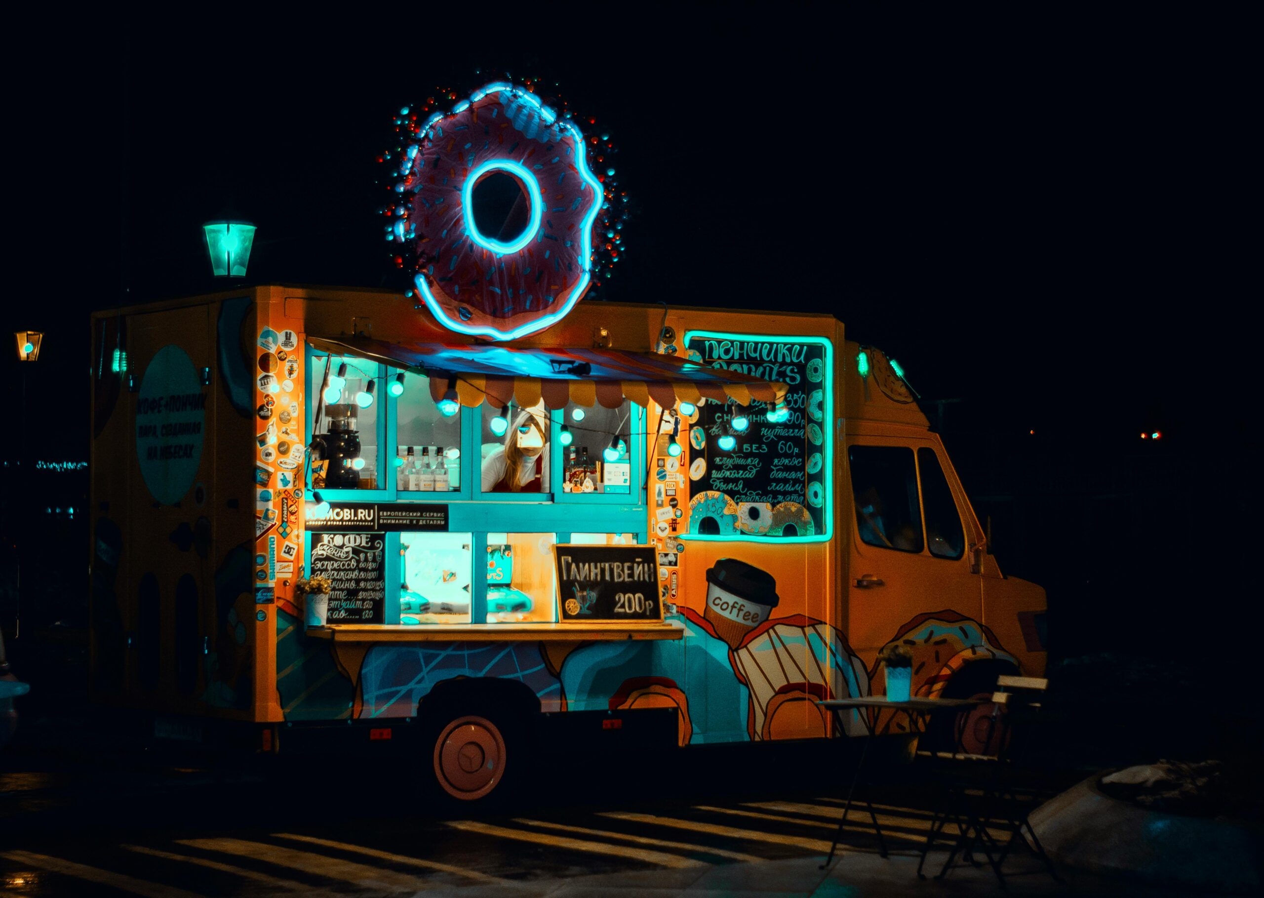 Donut food truck serving late night guests