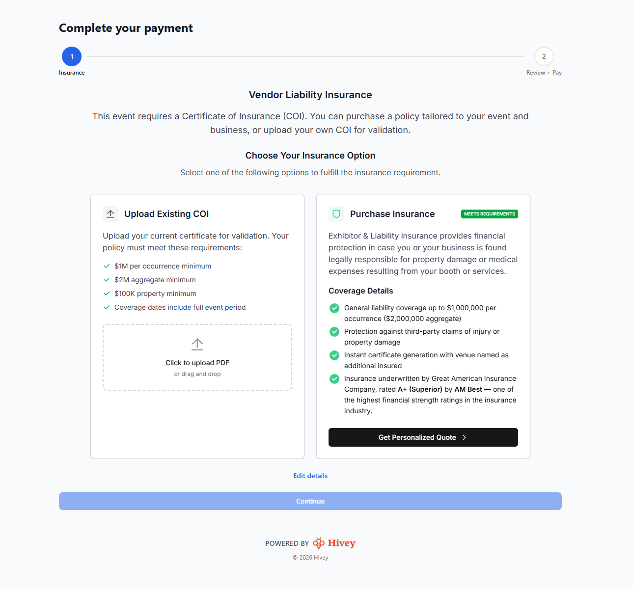 Vendor purchases insurance through Hivey