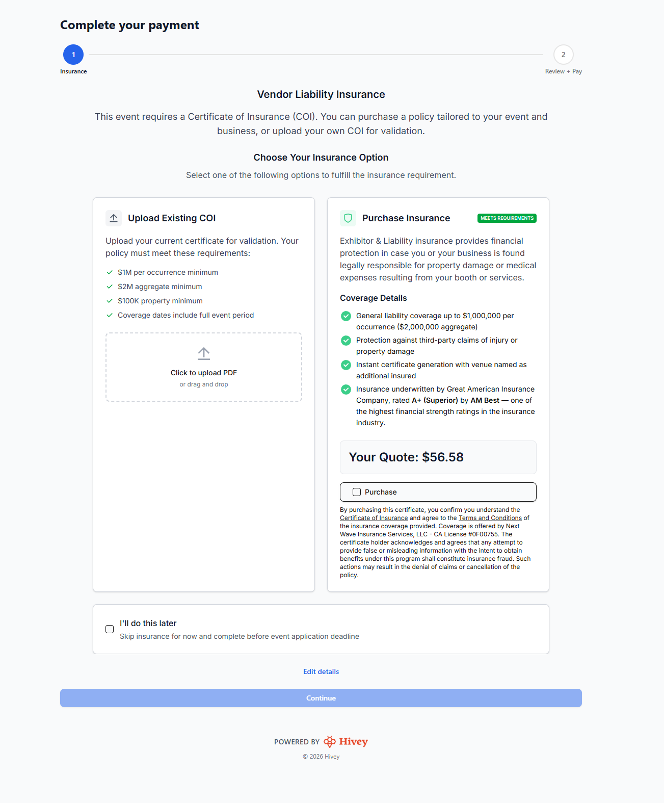 Vendor completes insurance registration with ViCoverage through Hivey